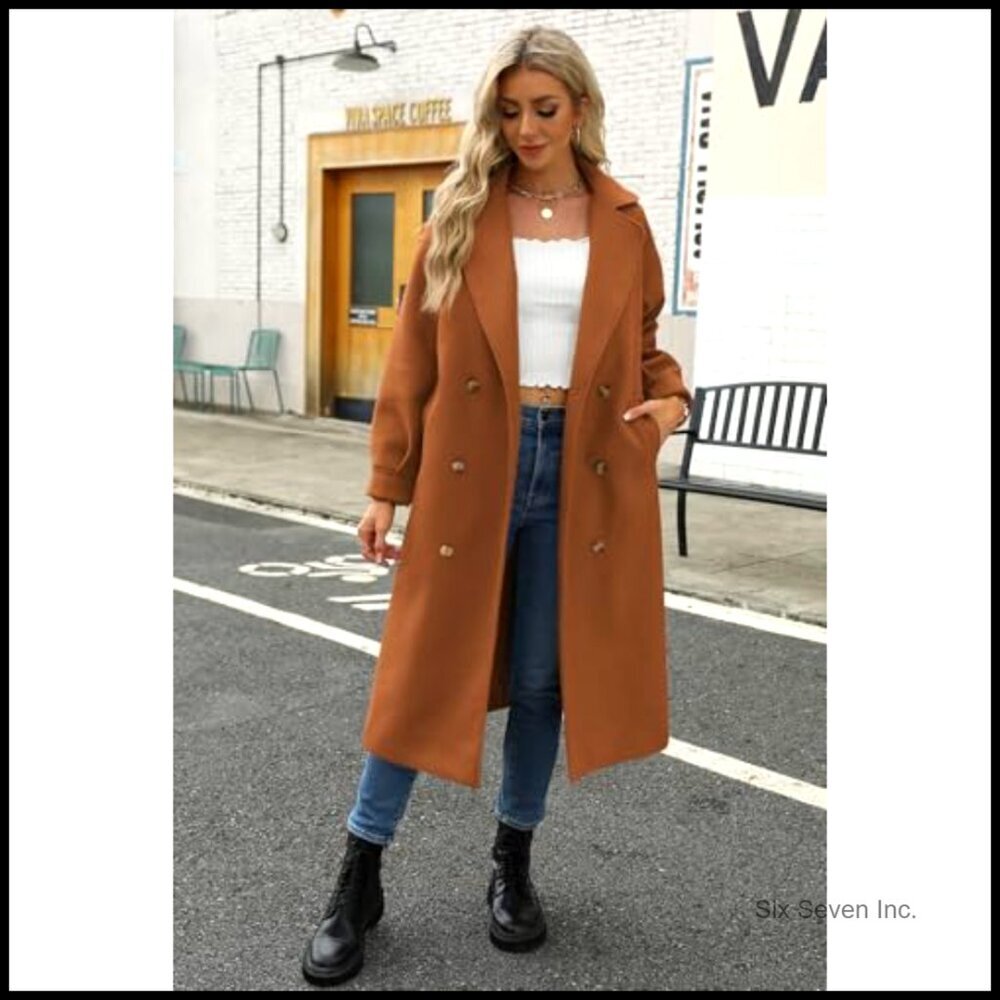 Long Wool Blend Pea Coat with Notched Lapel Collar Double Breasted - Picture 6 of 7